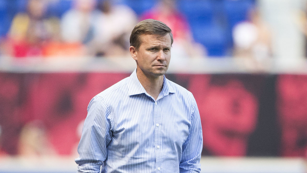 HARRISON, NEW JERSEY- APRIL 14: Jesse Marsch, head coach of New York Red Bulls on the sideline during the New York Red Bulls Vs Montreal Impact MLS regular season game at Red Bull Arena on April 14, 2018 in Harrison, New Jersey.