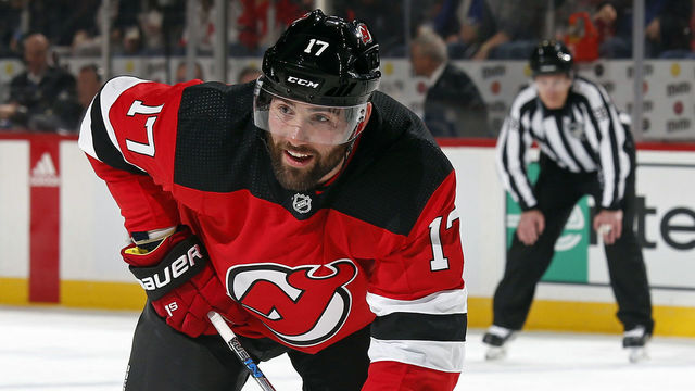 NEWARK, NJ - MARCH 4: Patrick Maroon #17 of the New Jersey Devils in action against the Vegas Golden Knights during the second period at the Prudential Center on March 4, 2018 in Newark, New Jersey.