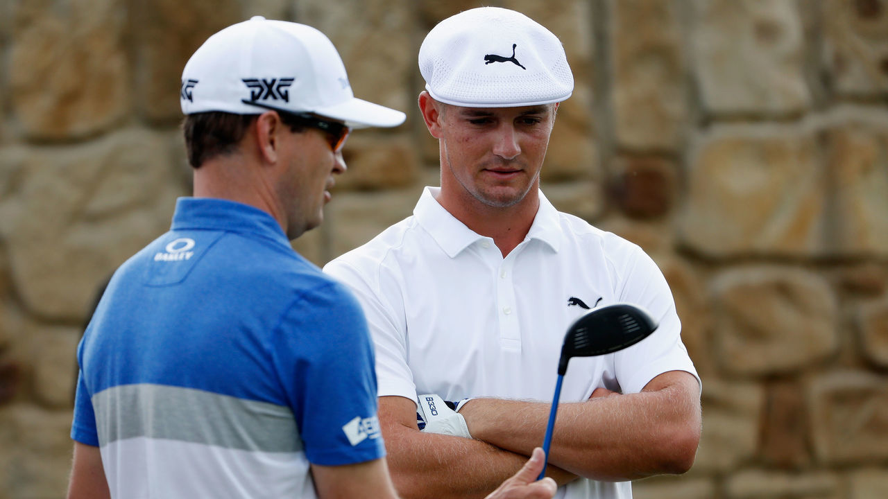 OAKMONT, PA - JUNE 17: Zach Johnson (L) and Bryson DeChambeau of the United States wait on the ninth tee during the continuation of the weather delayed first round of the U.S. Open at Oakmont Country Club on June 17, 2016 in Oakmont, Pennsylvania.