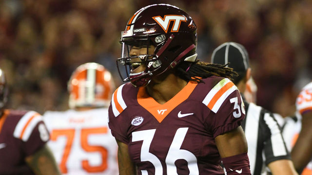 BLACKSBURG, VA - SEPTEMBER 30: Adonis Alexander #36 of the Virginia Tech Hokies celebrates a tackle during the second half against the Clemson Tigers at Lane Stadium on September 30, 2017 in Blacksburg, Virginia.