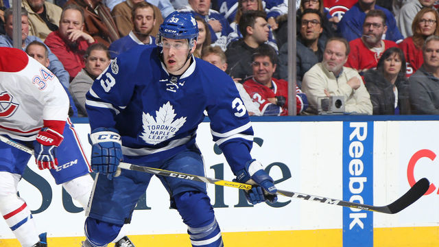 TORONTO, ON - JANUARY 7: Frederik Gauthier #33 of the Toronto Maple Leafs skates against the Montreal Canadiens during an NHL game at the Air Canada Centre on January 7, 2017 in Toronto,Ontario, Canada. The Canadiens defeated the Maple Leafs 5-3.