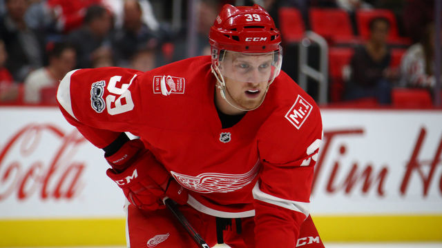 DETROIT, MI - DECEMBER 11: Anthony Mantha #39 of the Detroit Red Wings prepares for a face off against the Florida Panthers at Little Caesars Arena on December 11, 2017 in Detroit, Michigan.
