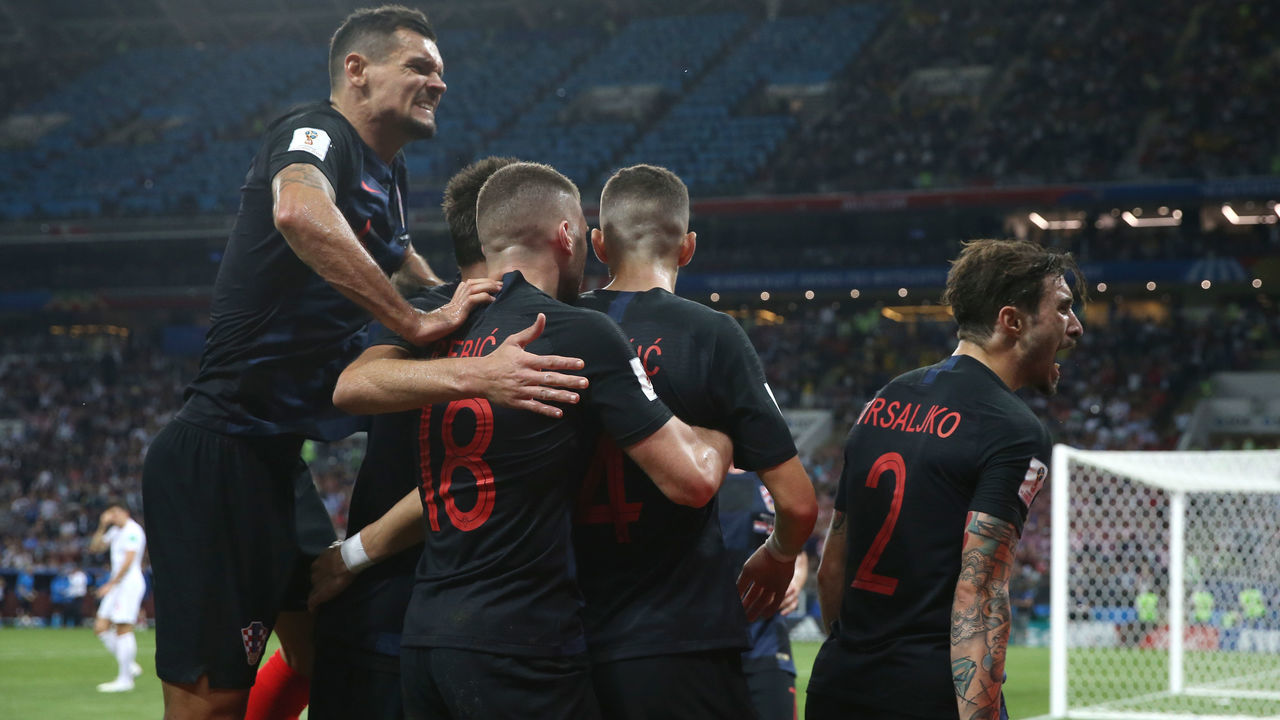 Croatia's Ivan Perisic celebrates scoring his side's first goal of the game with team mates during the FIFA World Cup, Semi Final match at the Luzhniki Stadium, Moscow.
