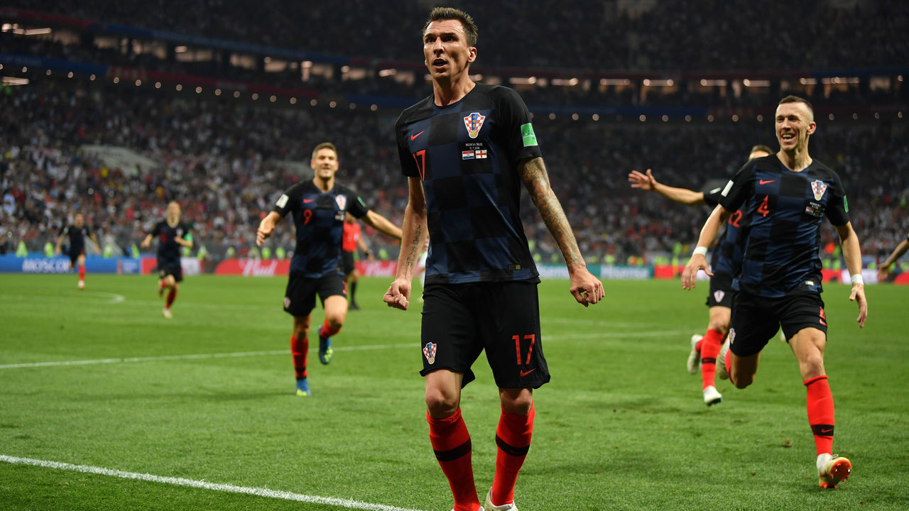 MOSCOW, RUSSIA - JULY 11: Mario Mandzukic of Croatia celebrates after scoring his team's second goal during the 2018 FIFA World Cup Russia Semi Final match between England and Croatia at Luzhniki Stadium on July 11, 2018 in Moscow, Russia.