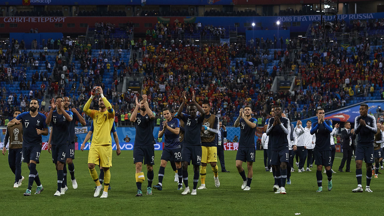 SAINT PETERSBURG, RUSSIA - JULY 10: Players of France celebrates his team victory at the end of the 2018 FIFA World Cup Russia Semi Final match between Belgium and France at Saint Petersburg Stadium on July 10, 2018 in Saint Petersburg, Russia.