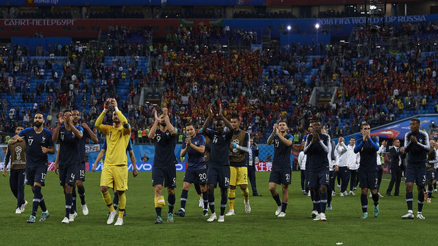 SAINT PETERSBURG, RUSSIA - JULY 10: Players of France celebrates his team victory at the end of the 2018 FIFA World Cup Russia Semi Final match between Belgium and France at Saint Petersburg Stadium on July 10, 2018 in Saint Petersburg, Russia.