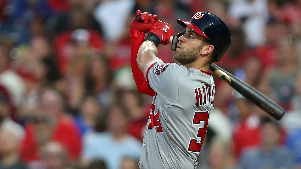 PHILADELPHIA, PA - JUNE 29: Bryce Harper #34 of the Washington Nationals hits a three-run home run during the fourth inning of a game against the Philadelphia Phillies at Citizens Bank Park on June 29, 2018 in Philadelphia, Pennsylvania.