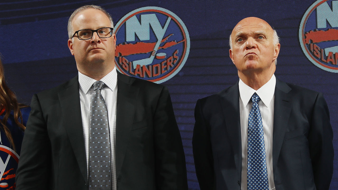 DALLAS, TX - JUNE 22: (l-r) Chris and Lou Lamoriello of the New York Islanders during the first round of the 2018 NHL Draft at American Airlines Center on June 22, 2018 in Dallas, Texas.