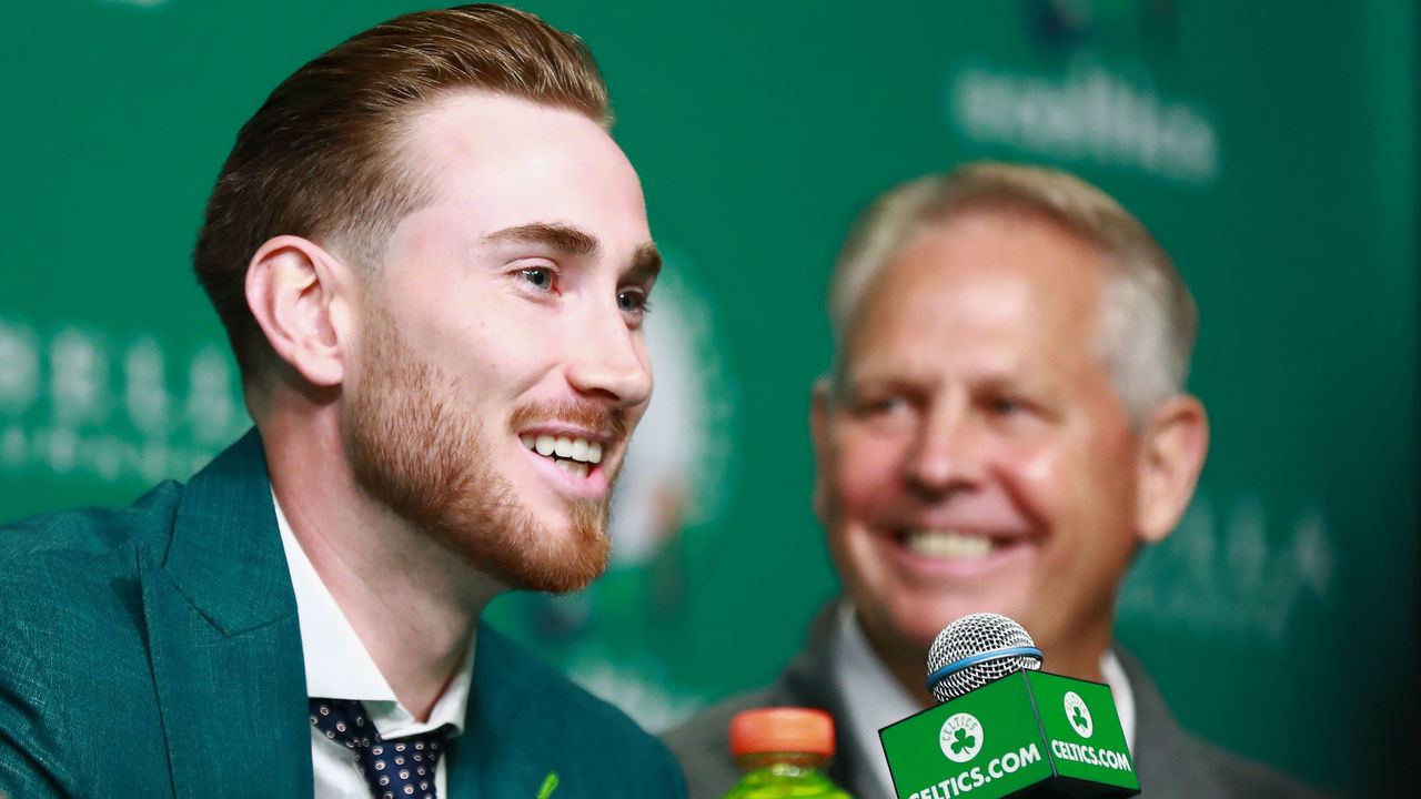 BOSTON, MA - SEPTEMBER 01: General Manager Danny Ainge and Gordon Hayward #20 of the Boston Celtics laugh during the press conference at TD Garden on September 1, 2017 in Boston, Massachusetts.