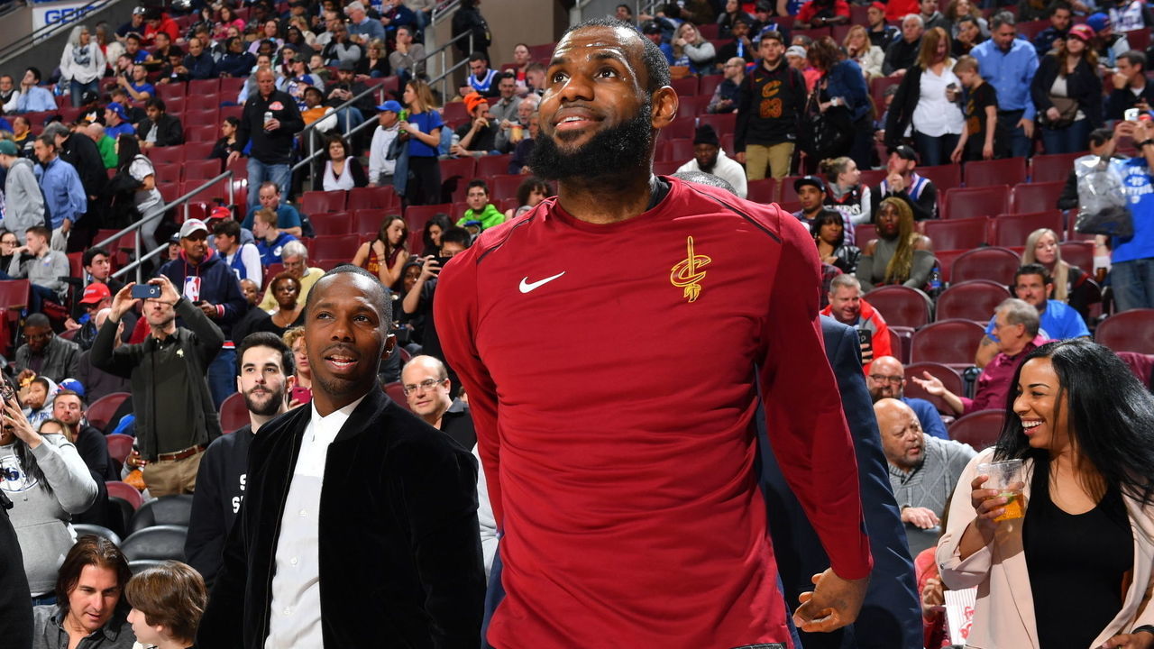 PHILADELPHIA, PA - APRIL 6: Rich Paul and LeBron James #23 of the Cleveland Cavaliers look on during halftime of the game against the Philadelphia 76ers on April 6, 2018 in Philadelphia, Pennsylvania NOTE TO USER: User expressly acknowledges and agrees that, by downloading and/or using this Photograph, user is consenting to the terms and conditions of the Getty Images License Agreement. Mandatory Copyright Notice: Copyright 2018 NBAE