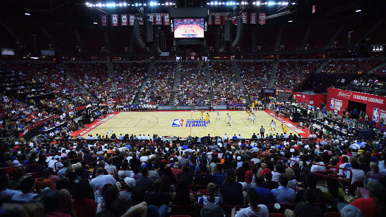 LAS VEGAS, NV - JULY 10: A general view of the court shows a game between the Los Angeles Lakers and the New York Knicks during the 2018 NBA Summer League at the Thomas & Mack Center on July 10, 2018 in Las Vegas, Nevada.