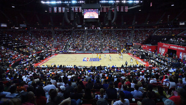 LAS VEGAS, NV - JULY 10: A general view of the court shows a game between the Los Angeles Lakers and the New York Knicks during the 2018 NBA Summer League at the Thomas & Mack Center on July 10, 2018 in Las Vegas, Nevada.