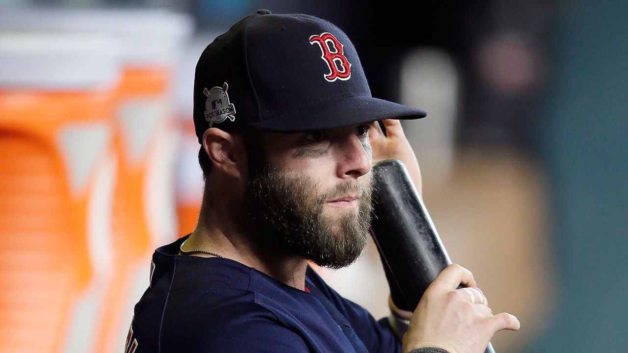 HOUSTON, TX - OCTOBER 06: Dustin Pedroia #15 of the Boston Red Sox stands in the dugout before game two of the American League Division Series between the Boston Red Sox and the Houston Astros at Minute Maid Park on October 6, 2017 in Houston, Texas.
