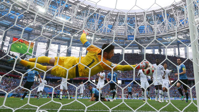 NIZHNY NOVGOROD, RUSSIA - JULY 06: Hugo Lloris of France makes a save during the 2018 FIFA World Cup Russia Quarter Final match between Uruguay and France at Nizhny Novgorod Stadium on July 6, 2018 in Nizhny Novgorod, Russia.
