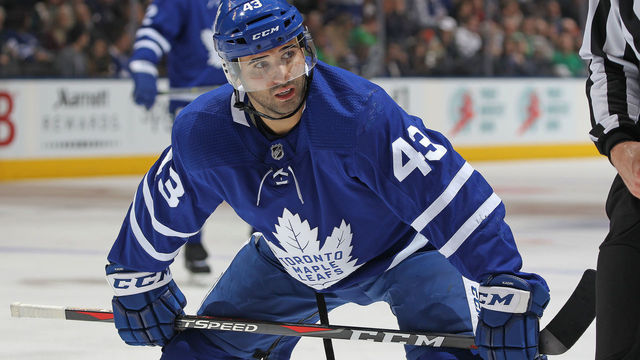 TORONTO, ON - MARCH 17: Nazem Kadri #43 of the Toronto Maple Leafs gets set for a faceoff against the Montreal Canadiens during an NHL game at the Air Canada Centre on March 17, 2018 in Toronto, Ontario, Canada. The Maple Leafs defeated the Canadiens 4-0.
