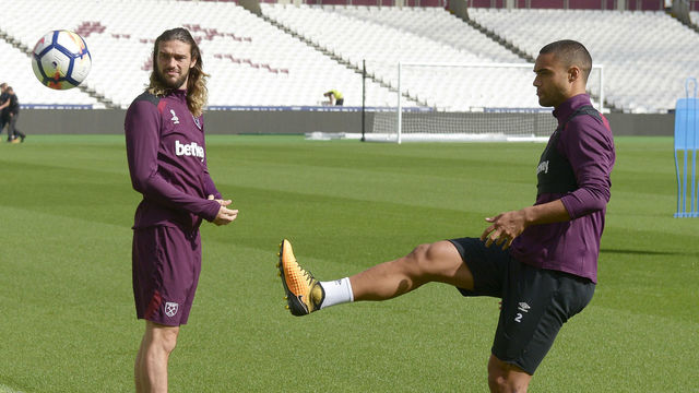 LONDON, ENGLAND - SEPTEMBER 09: Andy Carroll and Winston Reid of West Ham United during Training at London Stadium on September 9, 2017 in London, England.