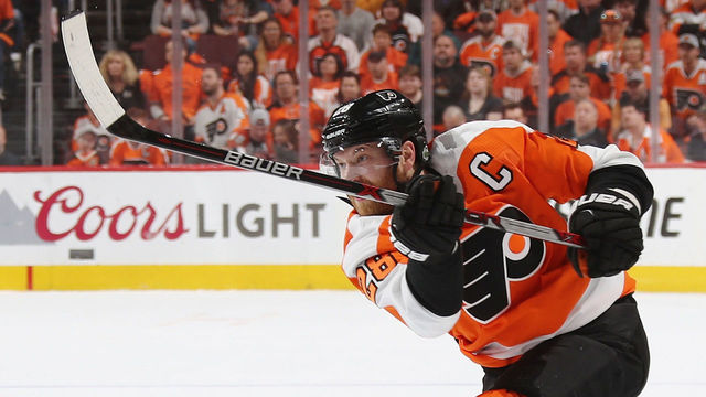 PHILADELPHIA, PA - APRIL 22: Claude Giroux #28 of the Philadelphia Flyers skates against the Pittsburgh Penguins in Game Six of the Eastern Conference First Round during the 2018 NHL Stanley Cup Playoffs at the Wells Fargo Center on April 22, 2018 in Philadelphia, Pennsylvania. The Penguins defeated the Flyers 8-5.
