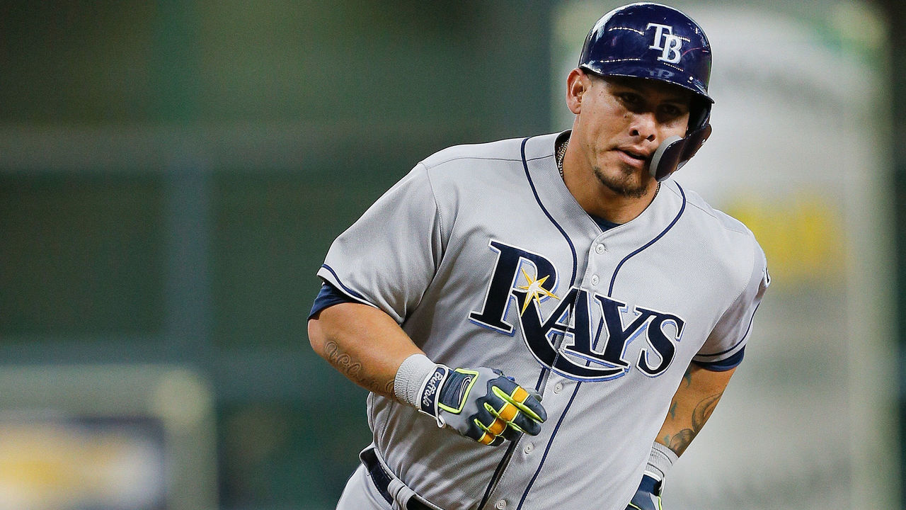 HOUSTON, TX - JUNE 18: Wilson Ramos #40 of the Tampa Bay Rays hits a two-run home run in the first inning against the Houston Astros at Minute Maid Park on June 18, 2018 in Houston, Texas.