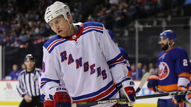 NEW YORK, NY - FEBRUARY 15: Cody McLeod #8 of the New York Rangers reacts in the third period against the New York Islanders during their game at Barclays Center on February 15, 2018 in the Brooklyn borough of New York City.