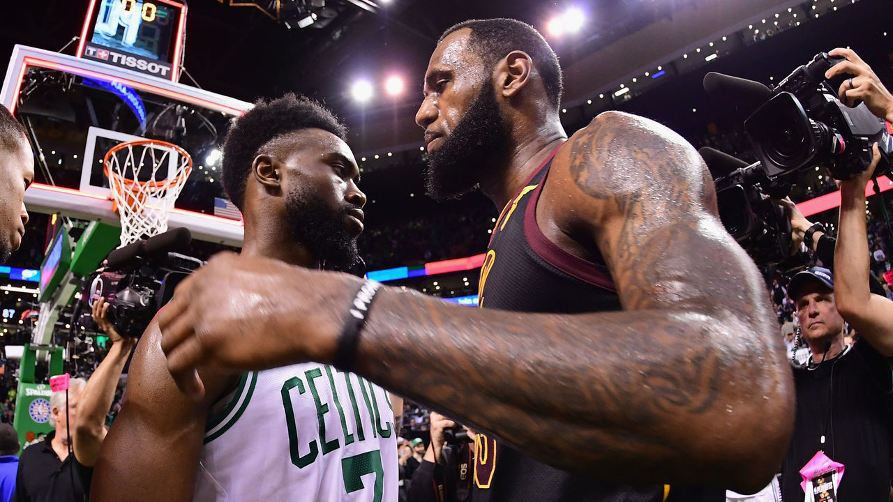 BOSTON, MA - MAY 27: LeBron James #23 of the Cleveland Cavaliers talks with Jaylen Brown #7 of the Boston Celtics after the Cleveland Cavaliers defeated the Boston Celtics 87-79 in Game Seven of the 2018 NBA Eastern Conference Finals to advance to the 2018 NBA Finals at TD Garden on May 27, 2018 in Boston, Massachusetts.