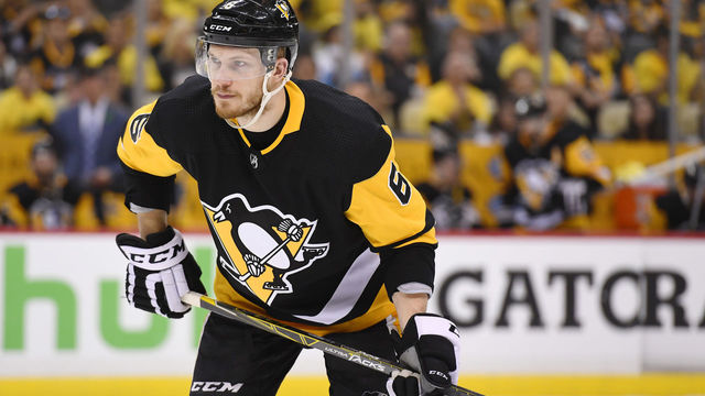 PITTSBURGH, PA - MAY 03: Pittsburgh Penguins defenseman Jamie Oleksiak (6) waits for play to begin during the second period. The Pittsburgh Penguins won 3-1 in Game Four of the Eastern Conference Second Round during the 2018 NHL Stanley Cup Playoffs against the Washington Capitals on May 3, 2018, at PPG Paints Arena in Pittsburgh, PA.