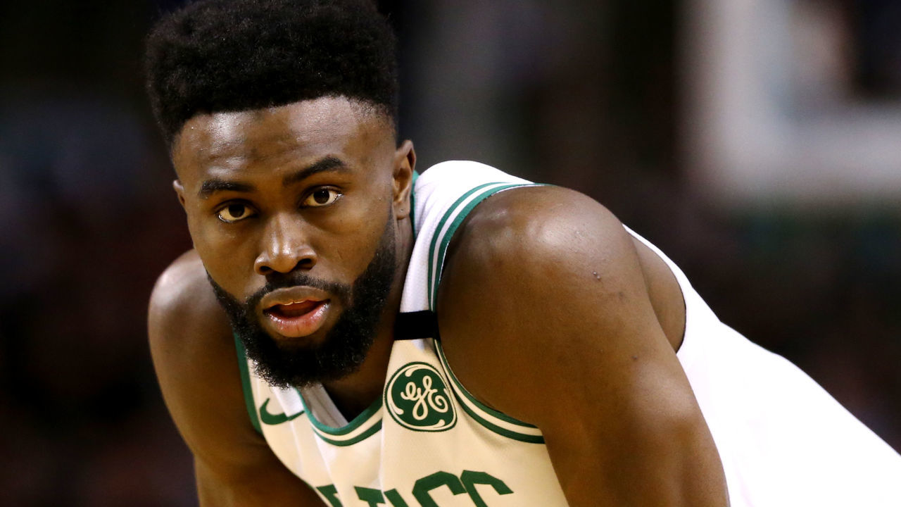 BOSTON, MA - MAY 27: Jaylen Brown #7 of the Boston Celtics looks on during Game Seven of the 2018 NBA Eastern Conference Finals against the Cleveland Cavaliers at TD Garden on May 27, 2018 in Boston, Massachusetts.