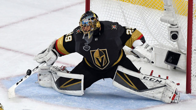 LAS VEGAS, NV - JUNE 07: Marc-Andre Fleury #29 of the Vegas Golden Knights blocks a Washington Capitals' shot in the first period of Game Five of the 2018 NHL Stanley Cup Final at T-Mobile Arena on June 7, 2018 in Las Vegas, Nevada. The Capitals defeated the Golden Knights 4-3.