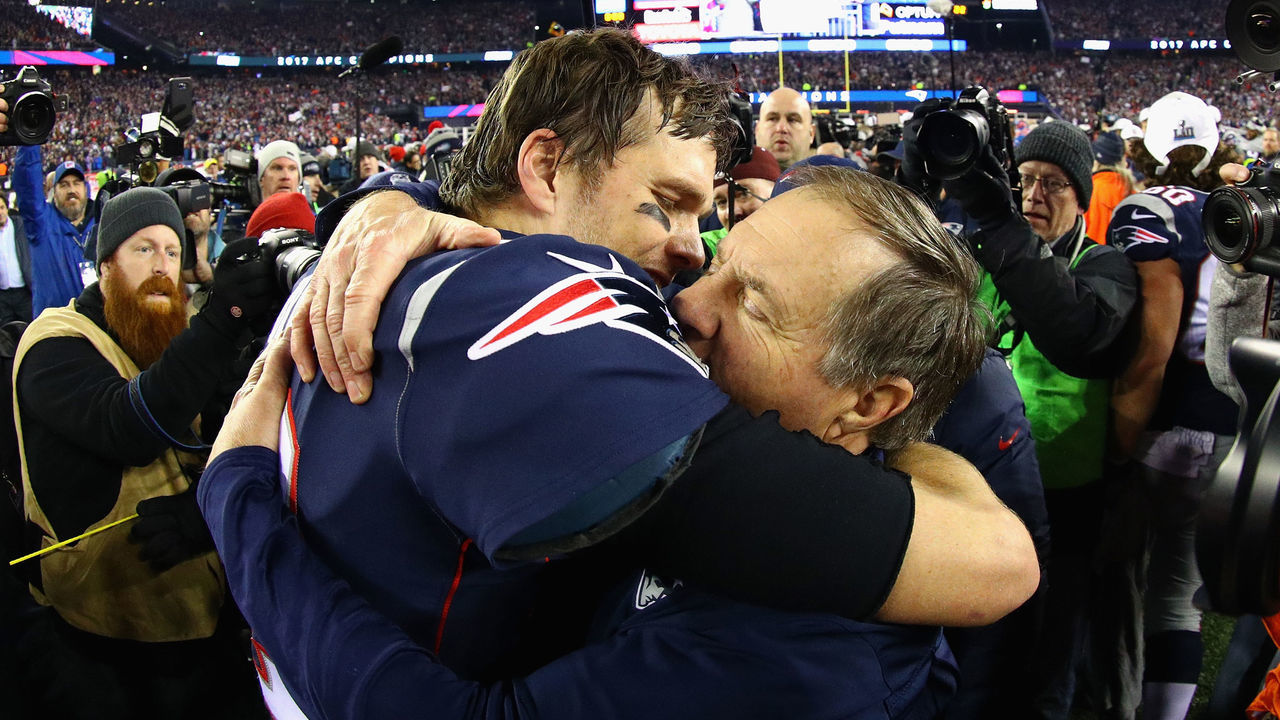 FOXBOROUGH, MA - JANUARY 21: Tom Brady #12 of the New England Patriots celebrates with head coach Bill Belichick after winning the AFC Championship Game against the Jacksonville Jaguars at Gillette Stadium on January 21, 2018 in Foxborough, Massachusetts.