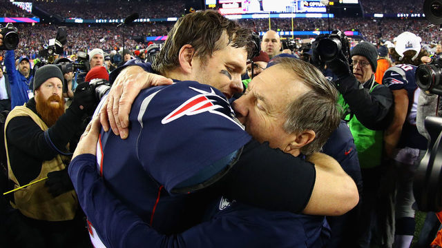 FOXBOROUGH, MA - JANUARY 21: Tom Brady #12 of the New England Patriots celebrates with head coach Bill Belichick after winning the AFC Championship Game against the Jacksonville Jaguars at Gillette Stadium on January 21, 2018 in Foxborough, Massachusetts.