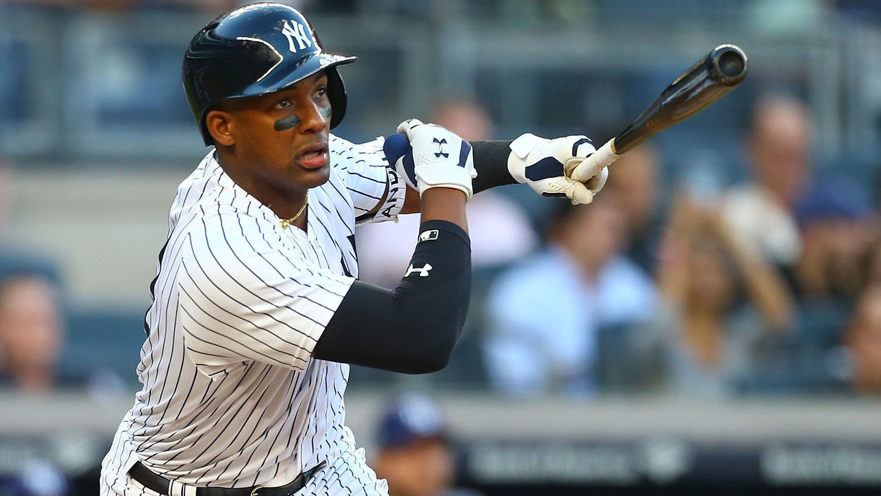 NEW YORK, NY - JUNE 14: Miguel Andujar #41 of the New York Yankees hits a double in the second inning against the Tampa Bay Rays at Yankee Stadium on June 14, 2018 in the Bronx borough of New York City.