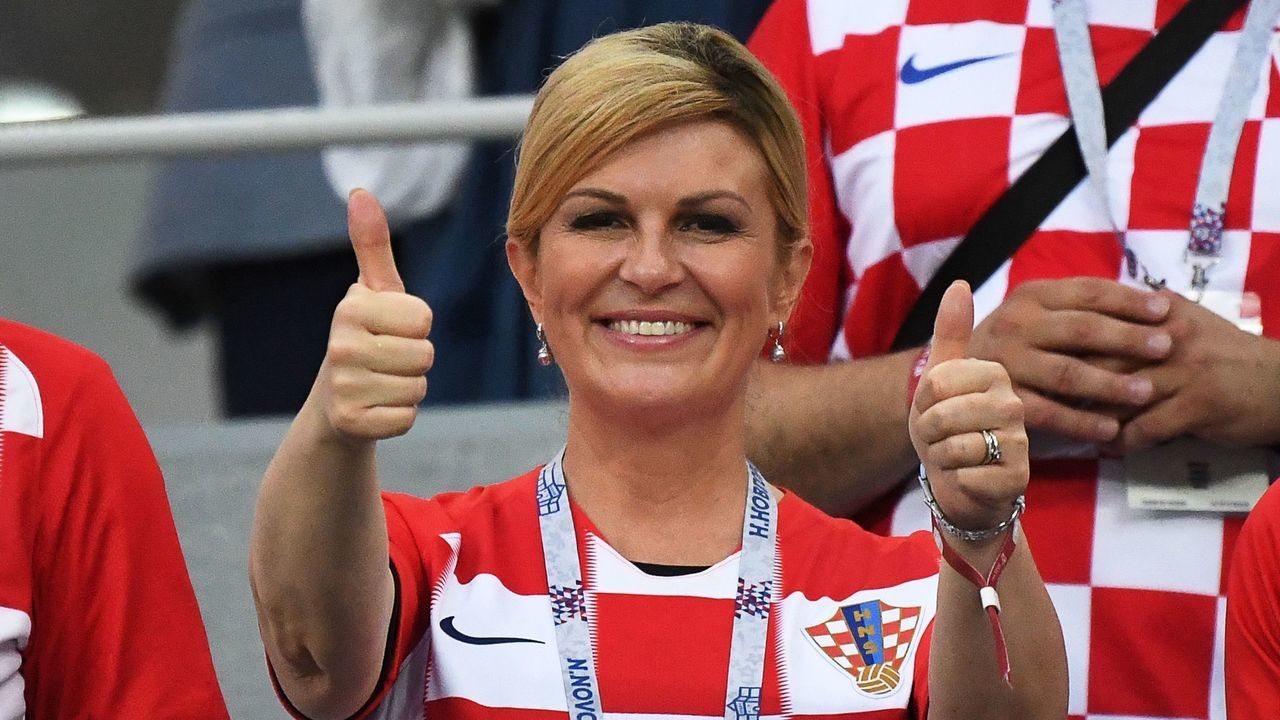 Croatia's President Kolinda Grabar-Kitarovic attends the Russia 2018 World Cup round of 16 football match between Croatia and Denmark at the Nizhny Novgorod Stadium in Nizhny Novgorod on July 1, 2018.