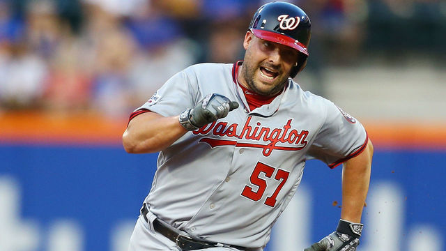 NEW YORK, NY - JULY 13: Tanner Roark #57 of the Washington Nationals rounds second base on his way to a third inning triple against the New York Mets at Citi Field on July 13, 2018 in the Flushing neighborhood of the Queens borough of New York City.