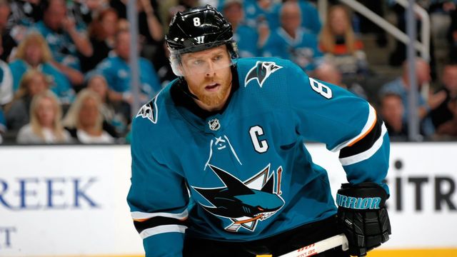 SAN JOSE, CA - MAY 2: Joe Pavelski #8 of the San Jose Sharks looks on in Game Four of the Western Conference Second Round against the Vegas Golden Knights during the 2018 NHL Stanley Cup Playoffs at SAP Center on May 2, 2018 in San Jose, California. *** Local Caption *** Joe Pavelski