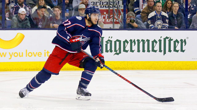 COLUMBUS, OH - APRIL 17: Ryan Murray #27 of the Columbus Blue Jackets controls the puck in Game Three of the Eastern Conference First Round during the 2018 NHL Stanley Cup Playoffs against the Washington Capitals on April 17, 2018 at Nationwide Arena in Columbus, Ohio. *** Local Caption *** Ryan Murray