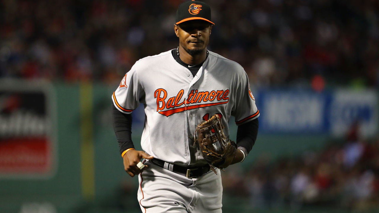 BOSTON, MA - MAY 02: Adam Jones #10 of the Baltimore Orioles jogs off the field after the fifth inning against the Boston Red Sox at Fenway Park on May 2, 2017 in Boston, Massachusetts.