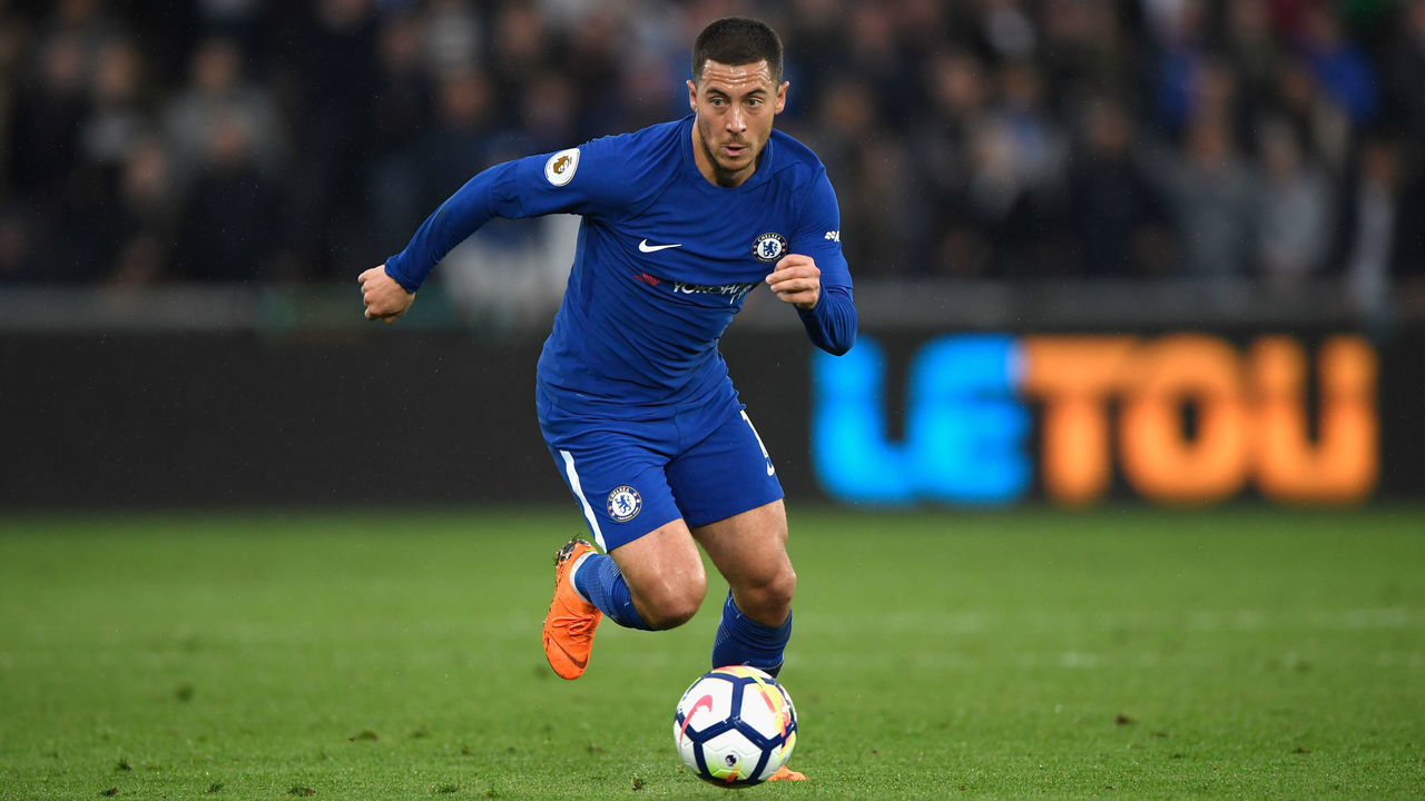 SWANSEA, WALES - APRIL 28: Chelsea player Eden Hazard in action during the Premier League match between Swansea City and Chelsea at Liberty Stadium on April 28, 2018 in Swansea, Wales.