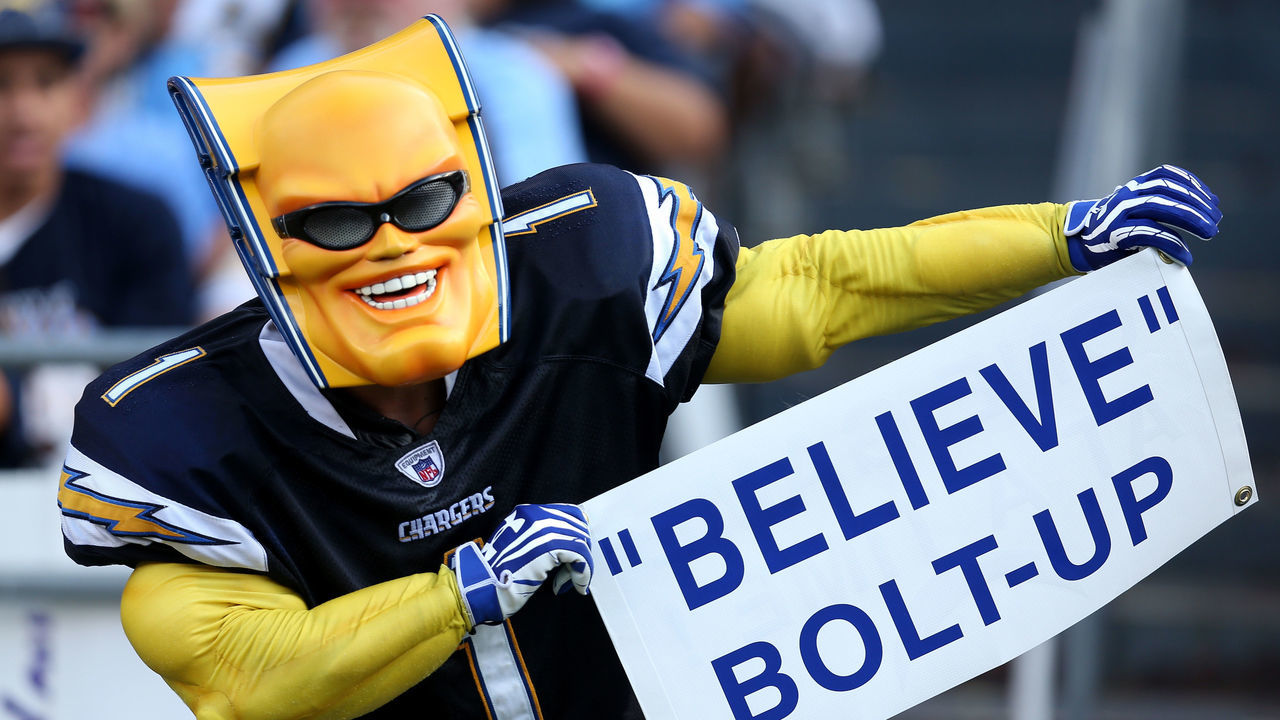 SAN DIEGO, CA - OCTOBER 19: The Chargers fan know as 'Boltman' holds a sign during the game between the San Diego Chargers and the Kansas City Chiefs at Qualcomm Stadium on October 19, 2014 in San Diego, California.