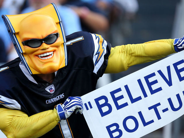 SAN DIEGO, CA - OCTOBER 19: The Chargers fan know as 'Boltman' holds a sign during the game between the San Diego Chargers and the Kansas City Chiefs at Qualcomm Stadium on October 19, 2014 in San Diego, California.