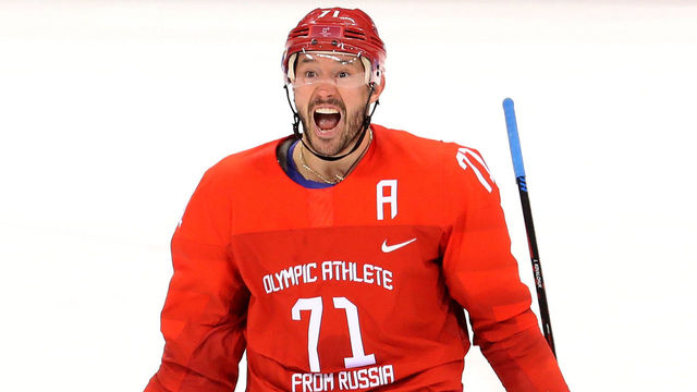 GANGNEUNG, SOUTH KOREA - FEBRUARY 16: Ilya Kovalchuk #71 of Olympic Athlete from Russia celebrates after scoring a goal against Slovenia during the Men's Ice Hockey Preliminary Round Group B game at Gangneung Hockey Centre on February 16, 2018 in Gangneung, South Korea.