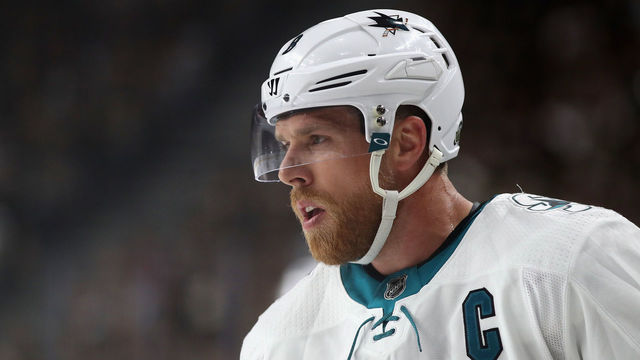 LAS VEGAS, NV - APRIL 26: Joe Pavelski #8 of the San Jose Sharks in Game One of the Western Conference Second Round against the Vegas Golden Knights during the 2018 NHL Stanley Cup Playoffs at T-Mobile Arena on April 26, 2018 in Las Vegas, Nevada. The Golden Knights defeated the Sharks 7-0.