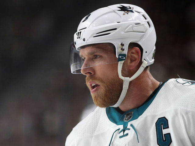 LAS VEGAS, NV - APRIL 26: Joe Pavelski #8 of the San Jose Sharks in Game One of the Western Conference Second Round against the Vegas Golden Knights during the 2018 NHL Stanley Cup Playoffs at T-Mobile Arena on April 26, 2018 in Las Vegas, Nevada. The Golden Knights defeated the Sharks 7-0.