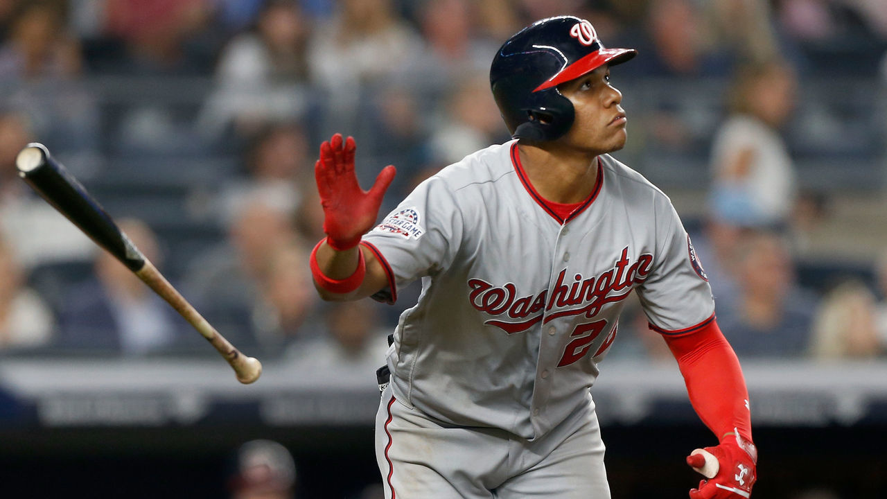NEW YORK, NY - JUNE 13: Juan Soto #22 of the Washington Nationals follows through on a seventh inning home run against the New York Yankees at Yankee Stadium on June 13, 2018 in the Bronx borough of New York City.