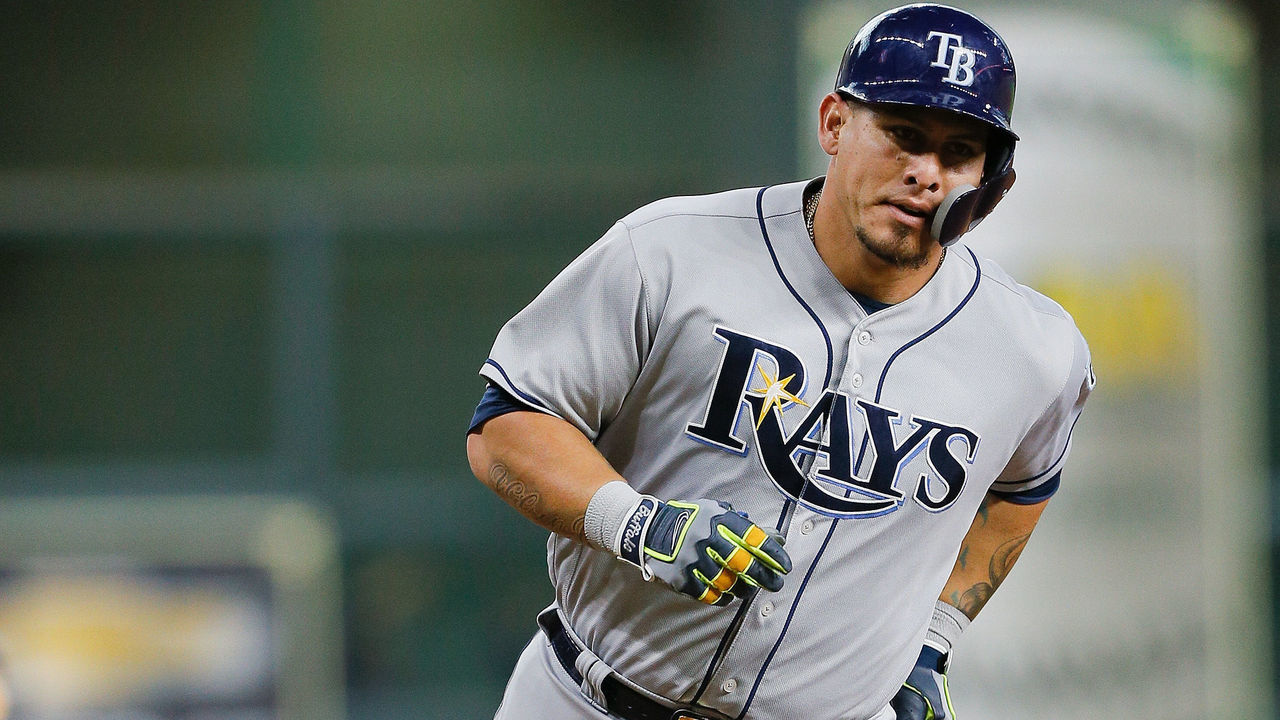 HOUSTON, TX - JUNE 18: Wilson Ramos #40 of the Tampa Bay Rays hits a two-run home run in the first inning against the Houston Astros at Minute Maid Park on June 18, 2018 in Houston, Texas.