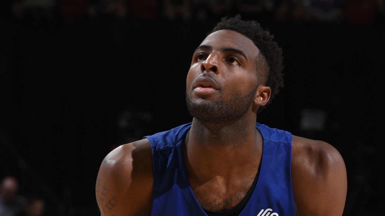 LAS VEGAS, NV - JULY 7: Mitchell Robinson #26 of the New York Knicks shoots a foul against the Atlanta Hawks during the 2018 Las Vegas Summer League on July 7, 2018 at the Thomas & Mack Center in Las Vegas, Nevada. NOTE TO USER: User expressly acknowledges and agrees that, by downloading and/or using this Photograph, user is consenting to the terms and conditions of the Getty Images License Agreement. Mandatory Copyright Notice: Copyright 2018 NBAE