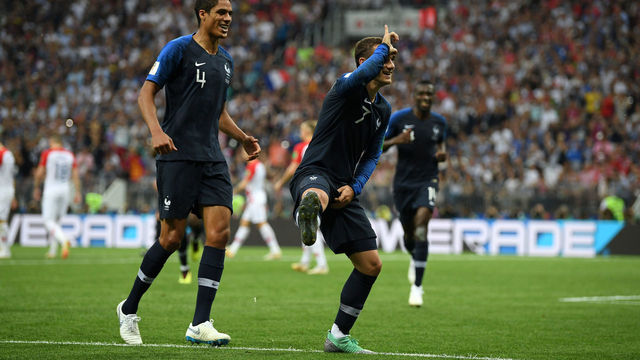 MOSCOW, RUSSIA - JULY 15: Antoine Griezmann of France celebrates after scoring a penalty for his team's second goal during the 2018 FIFA World Cup Final between France and Croatia at Luzhniki Stadium on July 15, 2018 in Moscow, Russia.