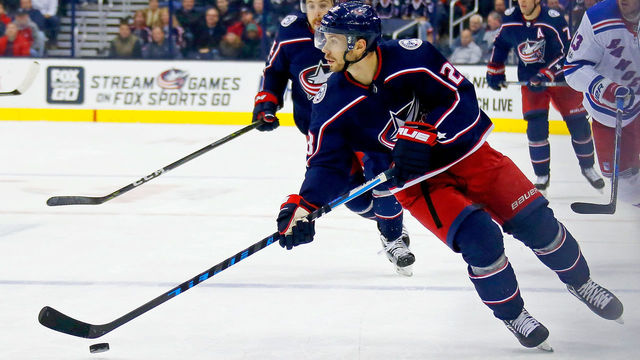 COLUMBUS, OH - NOVEMBER 17: Oliver Bjorkstrand #28 of the Columbus Blue Jackets controls the puck during the game against the New York Rangers on November 17, 2017 at Nationwide Arena in Columbus, Ohio.