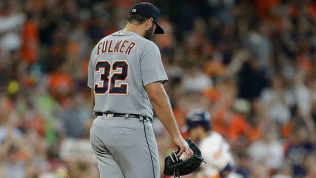 HOUSTON, TX - JULY 14: Michael Fulmer #32 of the Detroit Tigers gives up a home run to Josh Reddick #22 of the Houston Astros in the fifth inning at Minute Maid Park on July 14, 2018 in Houston, Texas.