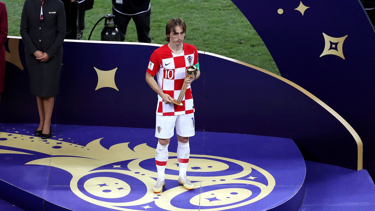 MOSCOW, RUSSIA - JULY 15: Luka Modric of Croatia receives the adidas Golden Ball award following the 2018 FIFA World Cup Final between France and Croatia at Luzhniki Stadium on July 15, 2018 in Moscow, Russia.