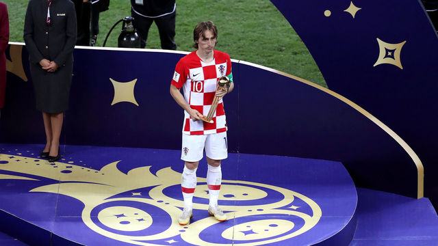 MOSCOW, RUSSIA - JULY 15: Luka Modric of Croatia receives the adidas Golden Ball award following the 2018 FIFA World Cup Final between France and Croatia at Luzhniki Stadium on July 15, 2018 in Moscow, Russia.