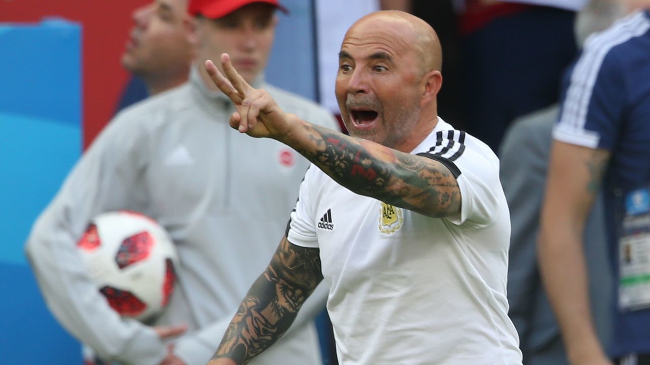 Argentina's coach Jorge Sampaoli gestures during the Russia 2018 World Cup round of 16 football match between France and Argentina at the Kazan Arena in Kazan on June 30, 2018.
